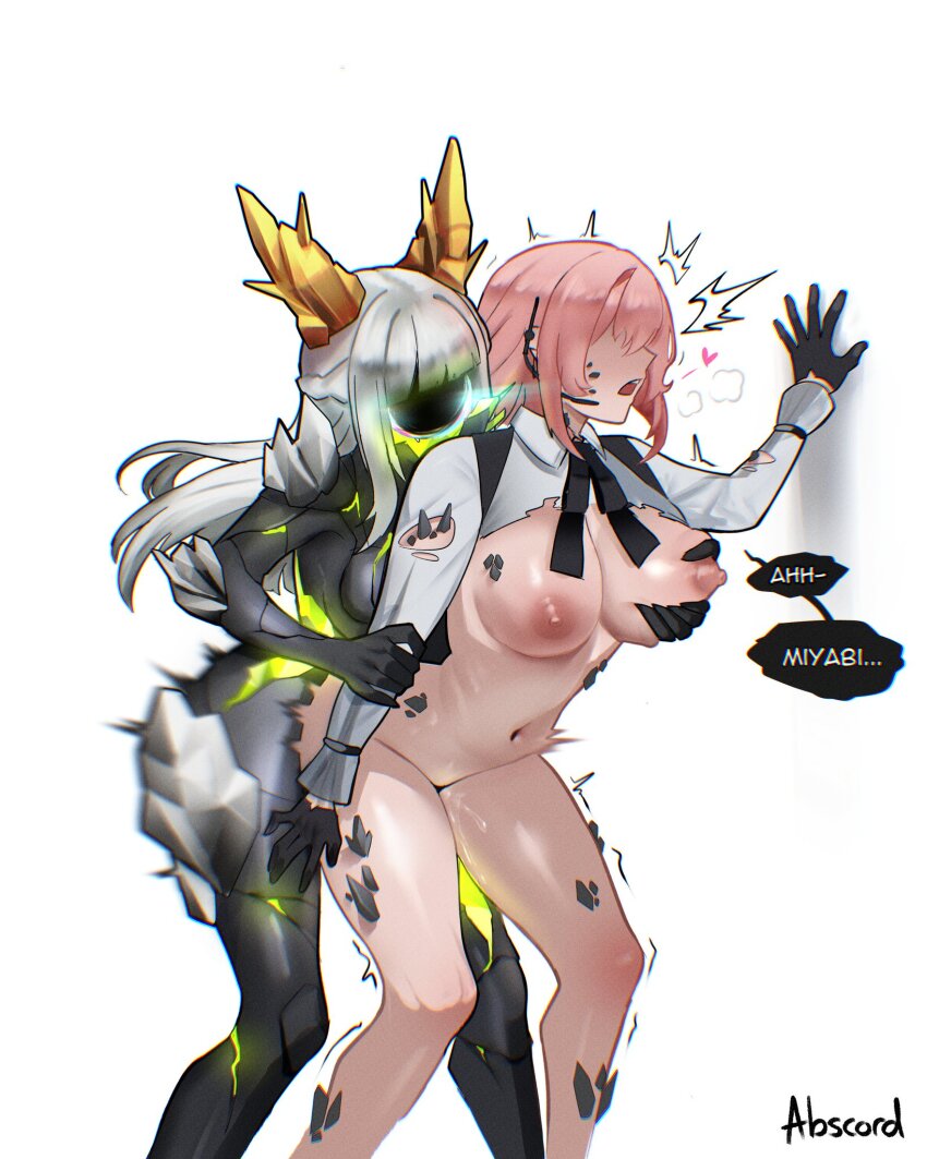 abscord against_wall breast_grab breasts breasts_outside corruption faceless femsub futa_with_female futanari gloves horns hoshimi_miyabi hypnotized_rapist long_hair nipples open_mouth pink_hair shirt shirt_lift short_hair speech_bubble tsukishiro_yanagi white_hair zenless_zone_zero