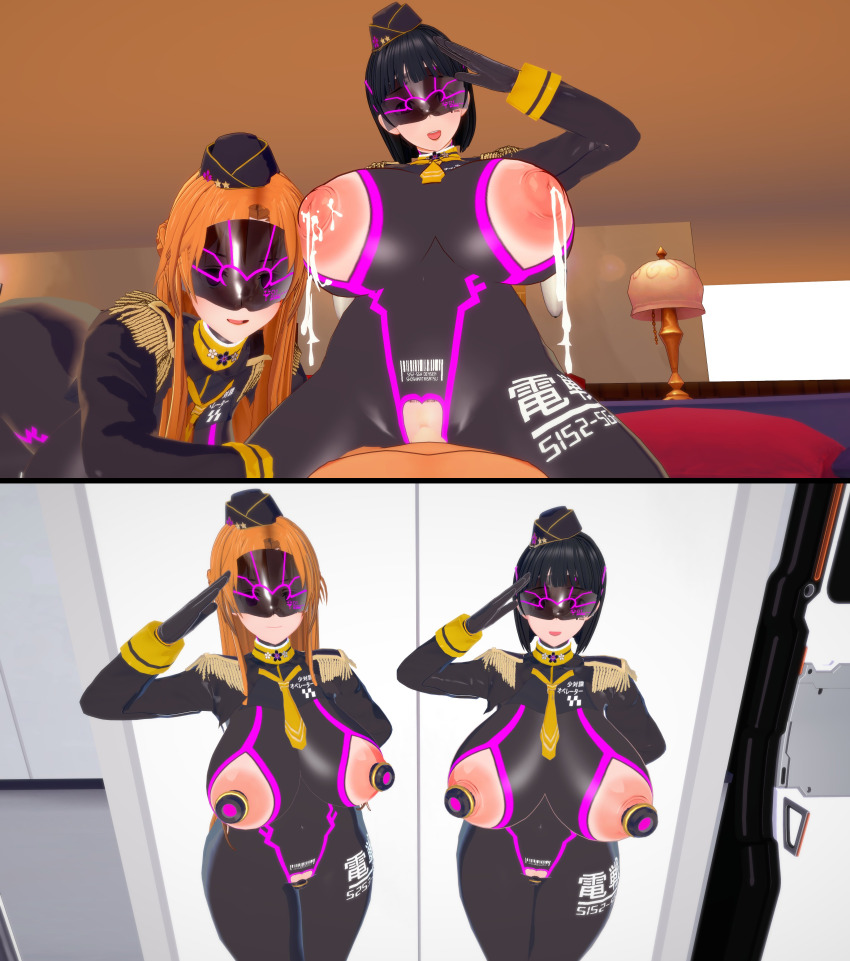 3d absurdres asuna barcode black_hair breasts brown_hair crotch_tattoo femsub huge_breasts lactation laughing_coffin long_hair maledom milk multiple_girls multiple_subs pengi13 saluting short_hair standing standing_at_attention suguha_kirigaya sword_art_online tattoo visor