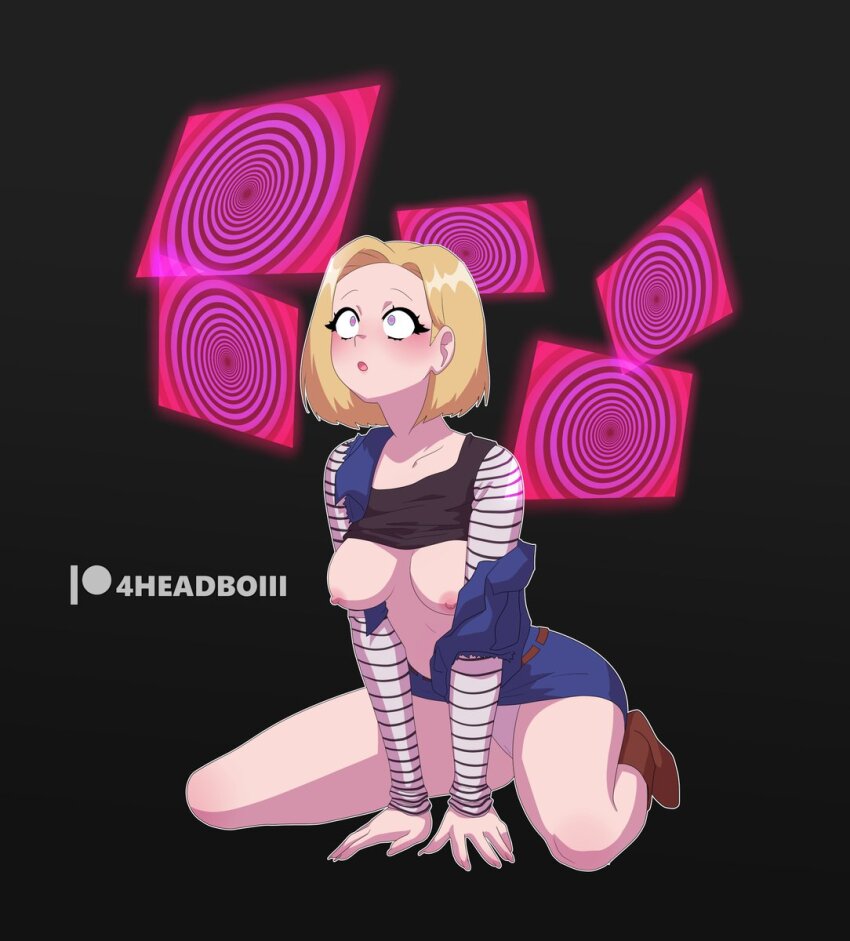 4headboiii android_18 bare_legs black_background blonde_hair blush boots breasts dragon_ball dragon_ball_z expressionless female_only femsub hypnotic_screen kneeling navel nipples open_mouth panties shirt shirt_lift short_hair signature simple_background solo spiral torn_clothes upskirt