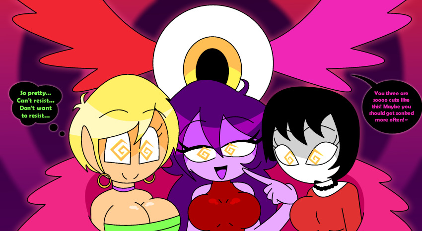 ahoge alternate_color_scheme angel beverly_chalkydri_(hypnoscream) black_hair blonde_hair choker cleavage dragon_ball dragon_ball_z earrings english_text erasa eyebrows_visible_through_hair eyelashes femdom femsub friday_night_funkin' girlfriend_(friday_night_funkin') happy_trance hypnoscream jucika large_breasts looking_at_viewer multiple_girls multiple_subs necklace open_mouth original purple_hair purple_skin ring_background shiny_hair shiny_skin short_hair speech_bubble spiral_eyes surprised thought_bubble tube_top white_skin wings yellow_eyes