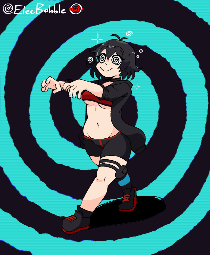 ahoge alice_(er-ikaa) black_hair choker elecbabble female_only femsub happy_trance midriff nail_polish navel original shorts small_breasts smile solo spiral_background spiral_eyes text watermark zombie_walk