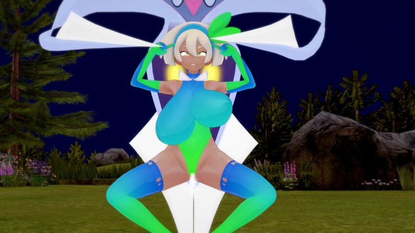3d bea_(pokemon) breasts dark_skin eye_roll femsub gloves green_eyes grey_hair hairband happy_trance huge_breasts kawaguti leotard malamar malamar_outfit nintendo pokemon pokemon_(creature) pokemon_sword_and_shield pussy_juice short_hair smile squatting squirting swimsuit thighhighs