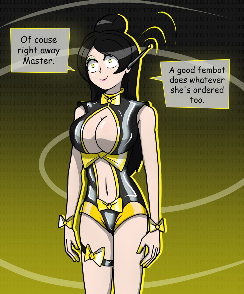 antenna black_hair bow bracelet clothed desk_(hy2300) earpiece english_text eyeshadow femsub garter_belt happy_trance hy2300 lipstick long_hair navel robotization shrunken_irises sideboob single_hair_bun smile speech_bubble tech_control text yellow_eyes