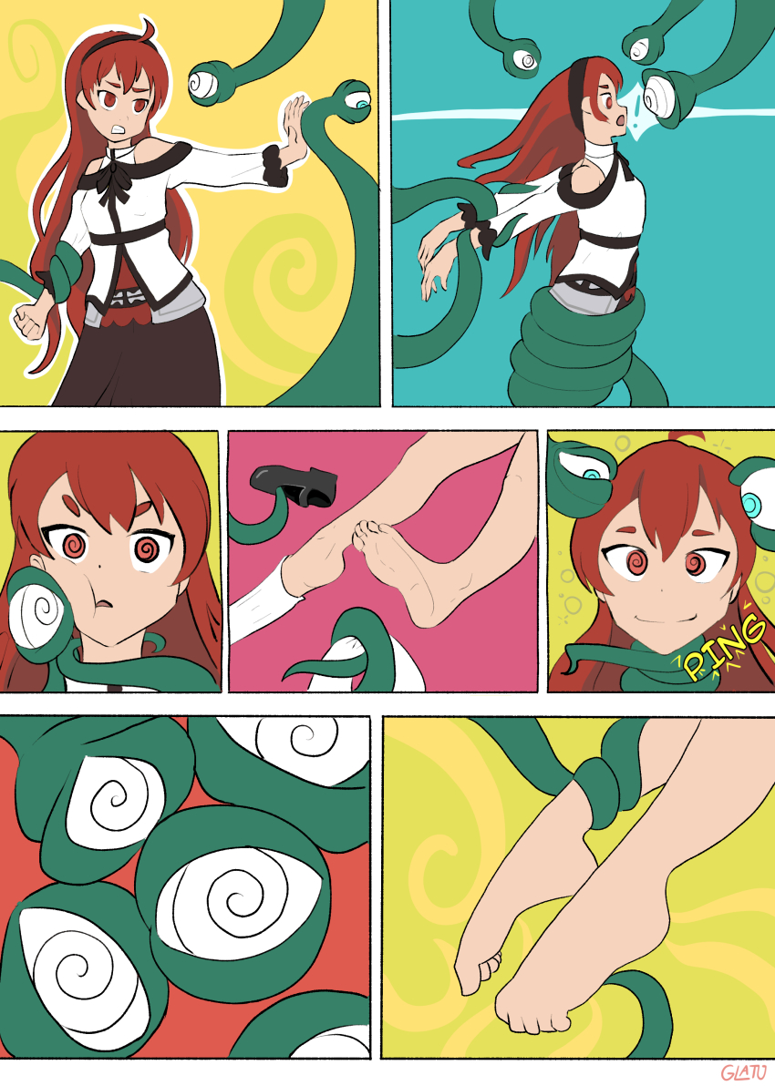 barefoot comic dress eris_boreas_greyrat feet foot_focus glatu hypnotic_eyes hypnotic_tentacle mushoku_tensei ping red_eyes red_hair tentacles