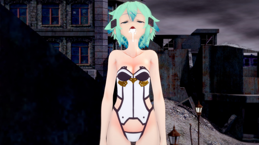 breasts cover cum cum_in_mouth empty_eyes expressionless female_only femsub green_eyes green_hair nipples nude open_mouth shino_asada sword_art_online zenin1