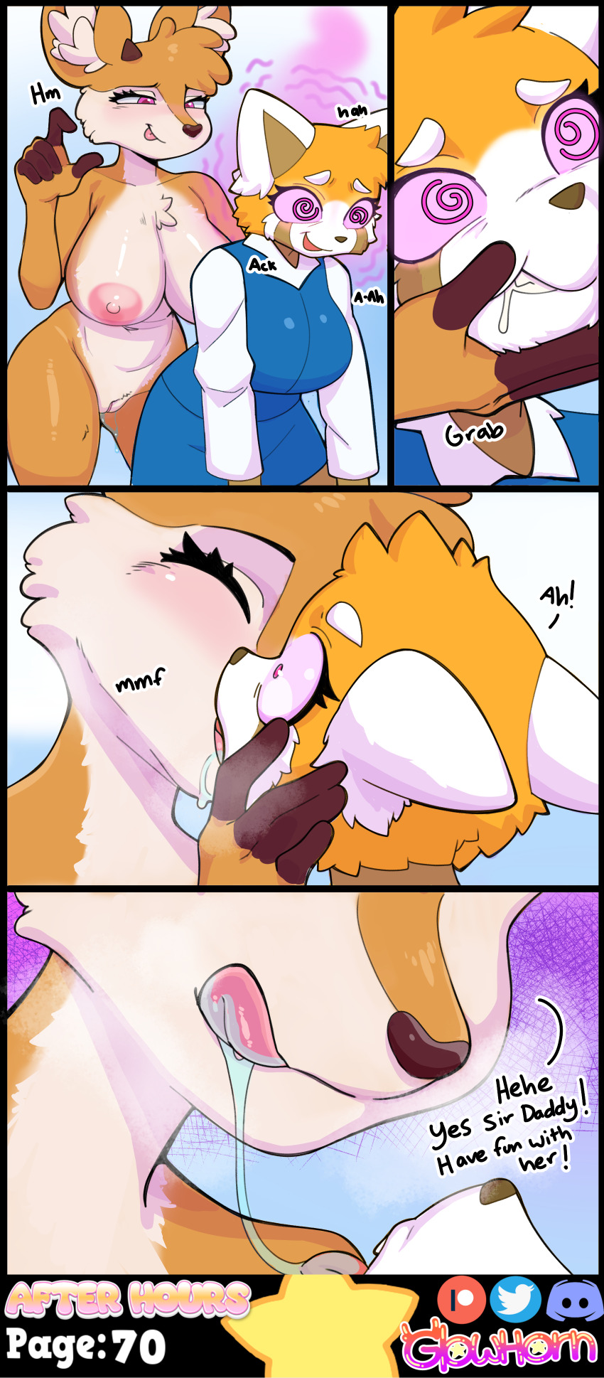 absurdres aggretsuko blush breasts cheating closed_eyes clothed comic corruption curvy deer_girl dialogue drool eyelashes femsub french_kiss furry gazelle_girl glowhorn hand_on_head horns kissing licking licking_lips limp netorare nipples nude open_mouth pussy pussy_juice red_panda_girl retsuko_(aggretsuko) sanrio sharp_teeth shiny_skin shirt simple_background smile spiral spiral_eyes steam surprised tongue tongue_out tsunoda_(aggretsuko)