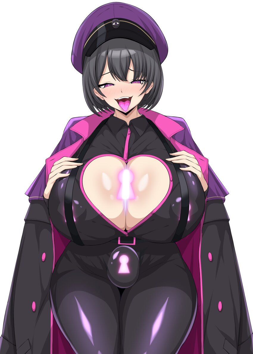 absurdres alternate_costume bangs belt black_hair blush bodysuit breast_grab character_request cleavage cleavage_cutout drool empty_eyes futanari futasub happy_trance hat huge_breasts jacket kuromaru latex living_costume looking_at_viewer m.u.g.e.n. open_mouth pad_lock pasties rubber sexually_suggestive shirt short_hair simple_background thick_thighs thigh_gap tight_clothing tongue tongue_out type_96 white_background wide_hips