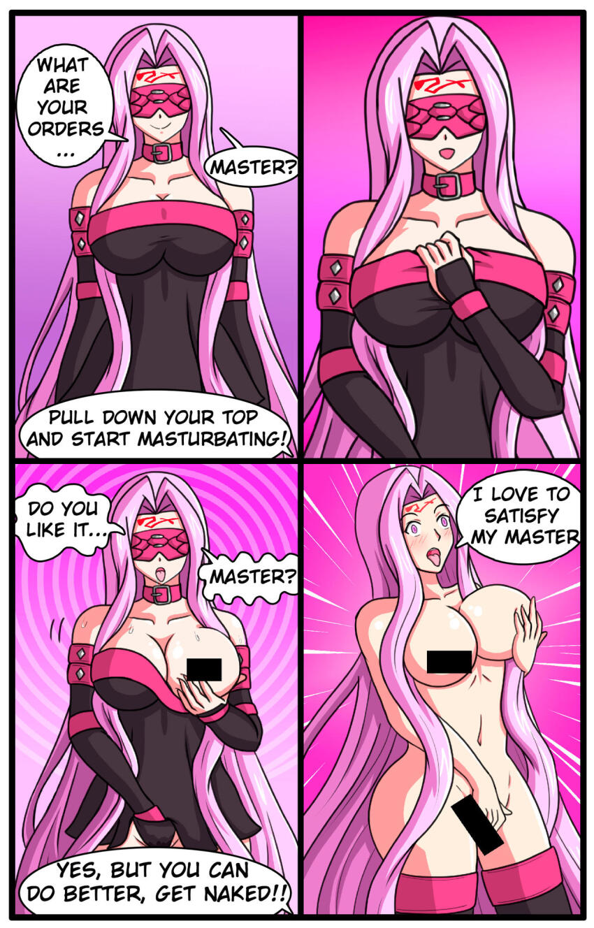 bare_shoulders border breasts censored cleavage comic english_text fate/grand_order fate/stay_night fate_(series) femsub fingerless_gloves gloves happy_trance large_breasts masturbation medusa_(fate) open_mouth pink_eyes pink_hair simple_background smile speech_bubble spiral spiral_background sweat text tongue tongue_out very_long_hair visor