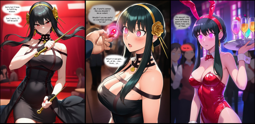 ai_art before_and_after black_hair bunny_ears bunnysuit dialogue large_breasts long_hair milf spiral_eyes spy_x_family text yor_briar