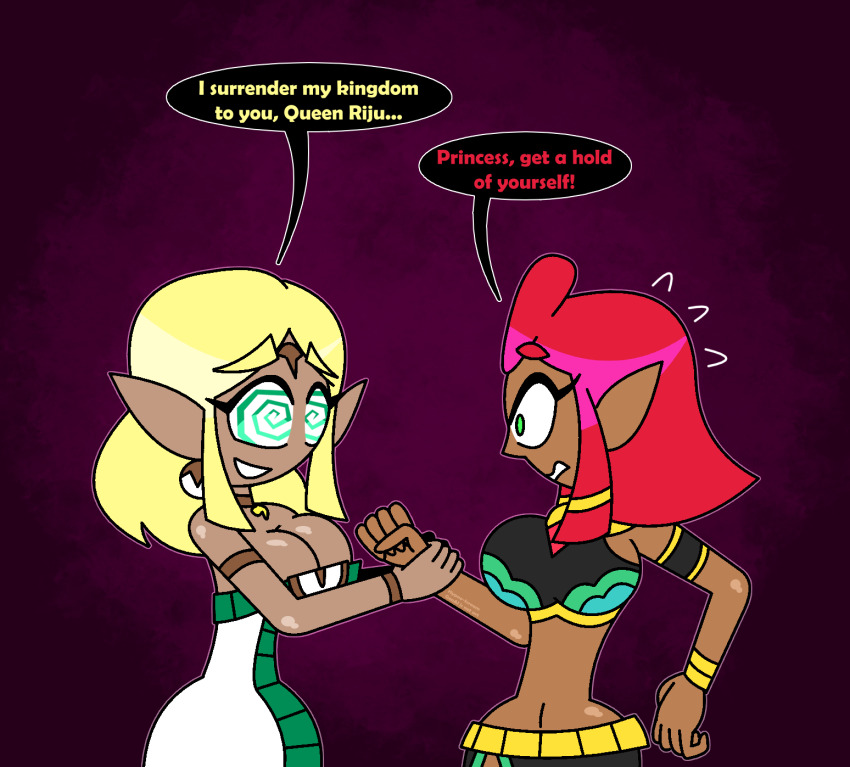 accidental_hypnosis aged_up altered_common_sense aura bare_shoulders belt blonde_hair bracelet choker cleavage confused crop_top dress earrings elf_ears english_text eyebrows_visible_through_hair eyelashes femdom femsub gerudo green_eyes happy_trance hypnoscream large_breasts makeela_riju midriff navel nintendo princess_zelda red_hair shiny_hair shiny_skin short_hair simple_background skirt smile speech_bubble spiralwash_eyes tears_of_the_kingdom the_legend_of_zelda tied_hair wide_hips