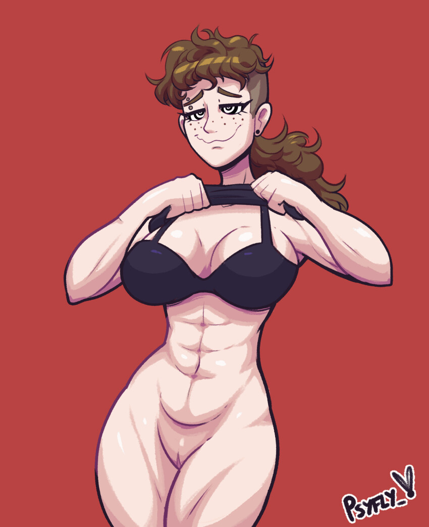 abs bare_legs bottomless bra brown_hair cleavage curly_hair earrings female_only femsub freckles happy_trance large_breasts legs piercing ponytail psyfly pussy red_background shirt signature smile solo spiralwash_eyes thick_thighs thighs undressing
