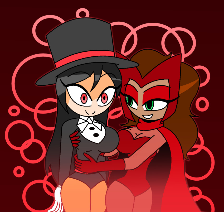 bow_tie breast_grab brown_hair cape crossover dark_skin dc_comics eyebrows_visible_through_hair eyelashes eyeshadow female_only femdom femsub gloves green_eyes happy_trance hat headdress hug hypnoscream large_breasts leotard long_hair magic marvel_comics opera_gloves red_background red_eyes scarf see-through shrunken_irises smile suit super_hero tight_clothing top_hat wanda_maximoff wide_hips zatanna_zatara