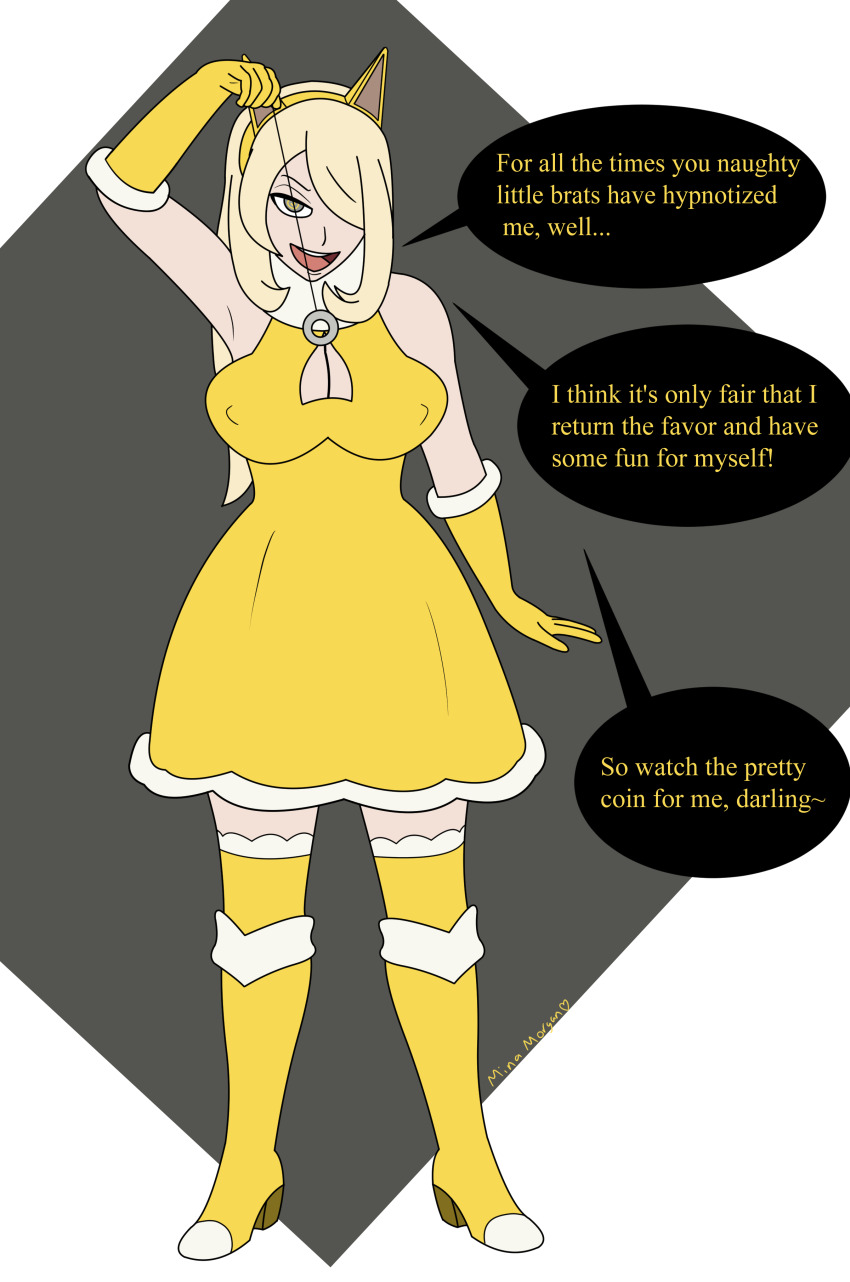 alternate_costume blonde_hair boots cleavage_cutout cosplay cynthia dress erect_nipples_under_clothes fake_animal_ears femdom gloves hypno hypno_outfit hypnotized_hypnotist mina_morgan_(artist) nintendo pendulum pokemon pokemon_diamond_pearl_and_platinum pov pov_sub spiral_eyes text turning_the_tables