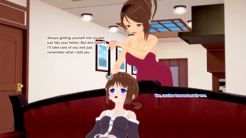 3d bangs blue_eyes blush brown_eyes brown_hair clothed couch dialogue dress empty_eyes eyebrows_visible_through_hair femdom femsub from_behind milf mother_and_daughter niccole_(gaint93) nikki_(gaint93) original pendulum red_dress sitting sonrio12 text tied_hair