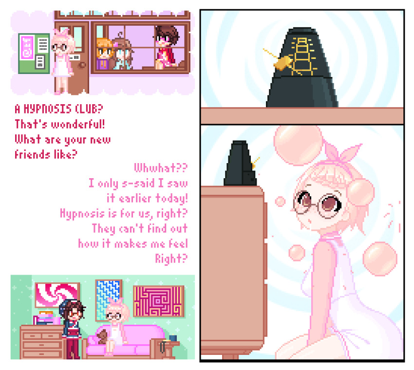 animated animated_gif blush border braid brown_eyes bubble dialogue dress english_text fabius femdom femsub freckles glasses kneeling metronome original pink_hair pixel_art shirt short_hair speech_bubble spiral_background text therapist traditional_hypnosis