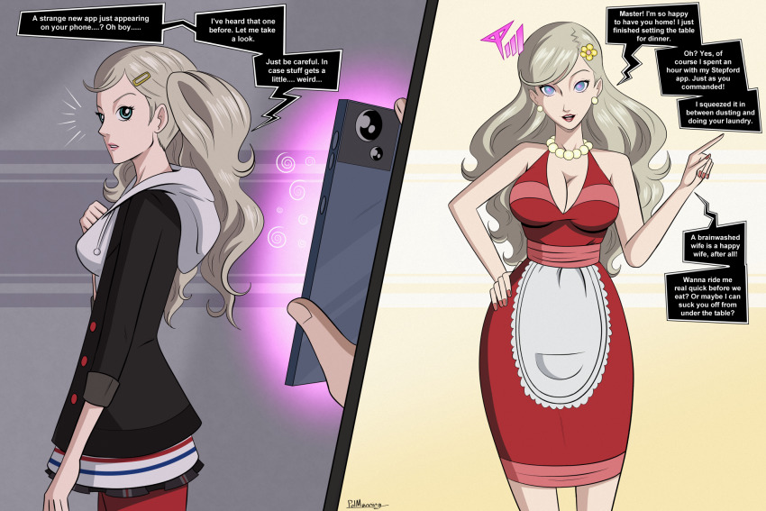 ann_takamaki before_and_after blonde_hair blue_eyes breasts cell_phone cleavage control_indicator dialogue dress femsub flower flower_in_hair happy_trance hoodie jewelry long_hair male_pov maledom necklace open_mouth persona_(series) persona_5 polmanning pov pov_dom signature simple_background smile speech_bubble spiral stepfordization tech_control text tongue twintails