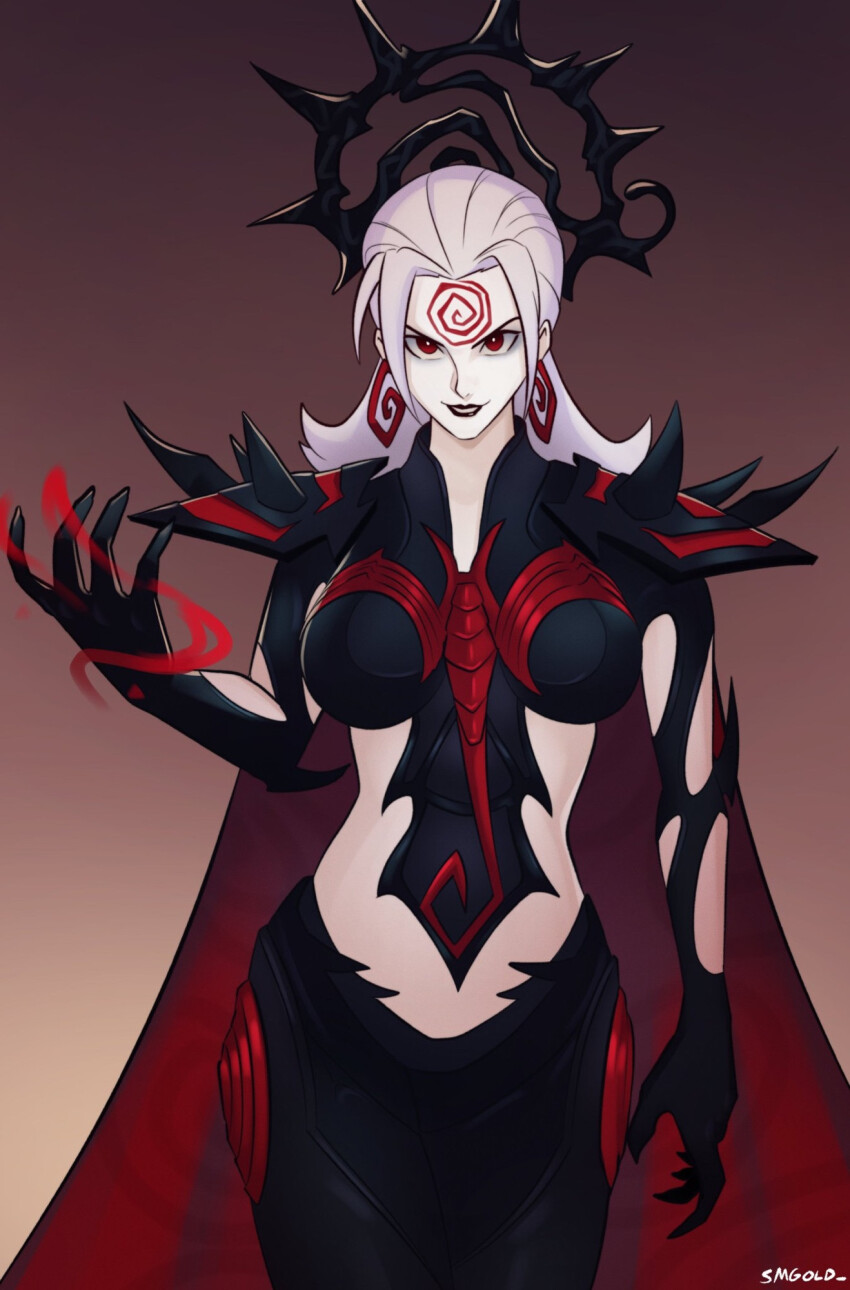 alien alternate_costume alternate_hair_color black_lipstick breasts cape corruption earrings evil_smile eye_color_change facial_markings femsub happy_trance hela jewelry lipstick long_hair makeup marvel_comics marvel_rivals parasite possession red_eyes smgold smile spider-man_(series) spiral symbiote