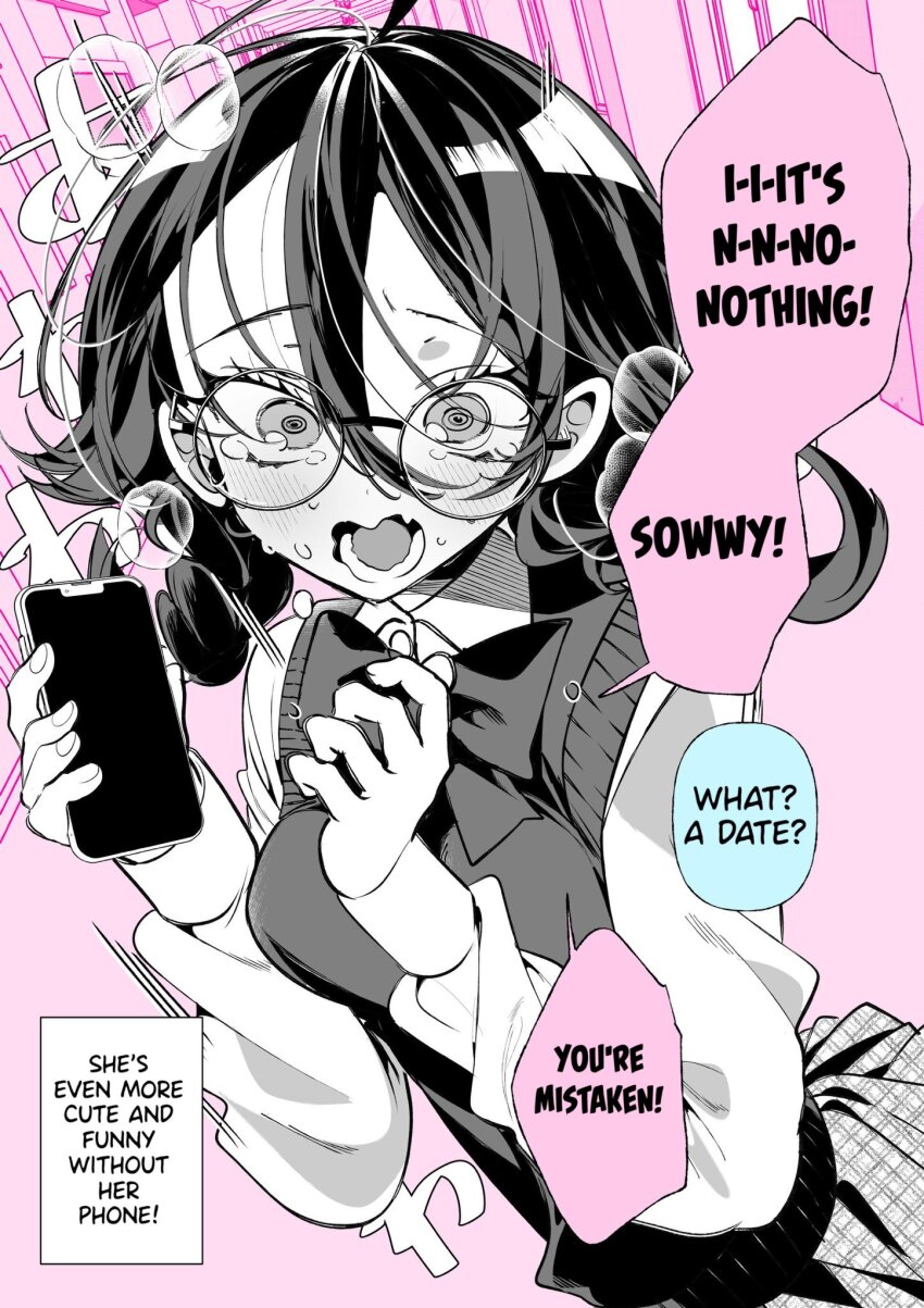 blush dialogue embarrassed english_text failed_hypnosis glasses gohome-kun hard_translated original phone school_uniform skirt tears text translated wholesome