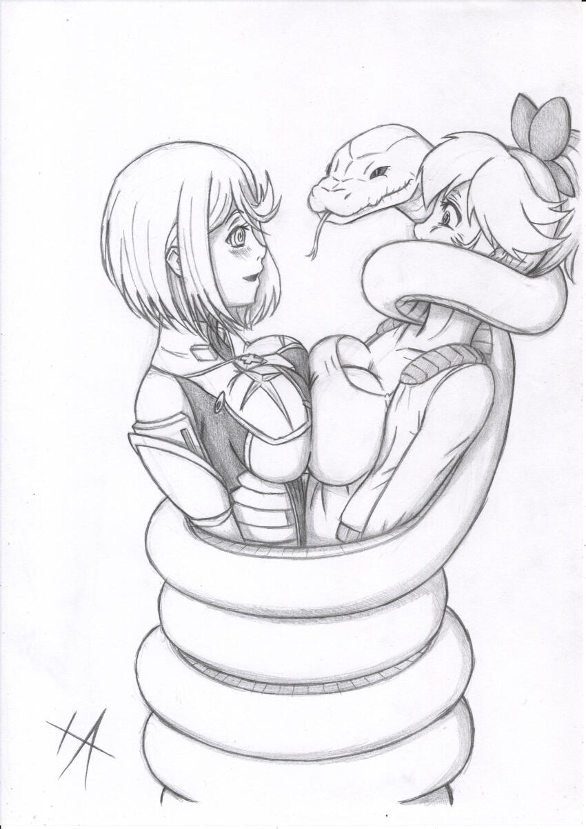 absurdres alternate_costume androgynous_dom blush breast_press breasts cleavage coils crossover femsub forked_tongue gag greyscale happy_trance iashmoreart large_breasts nintendo open_mouth princess princess_peach pyra_(xenoblade) restrained royalty short_hair sketch slit_pupils snake spiralwash_eyes sub_on_sub super_mario_bros. symmetrical_docking tongue tongue_out xenoblade_chronicles xenoblade_chronicles_2