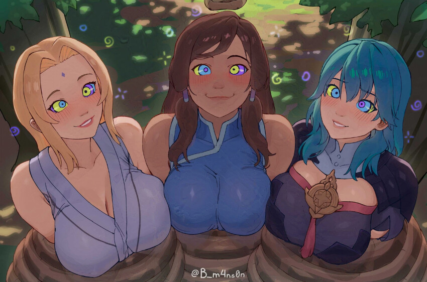 avatar_the_last_airbender blonde_hair blue_hair blush brown_hair bubble byleth_eisner cleavage_cutout clothed coils collarbone dark_skin disney femsub fire_emblem fire_emblem_three_houses forest happy_trance kaa kaa_eyes korra large_breasts legend_of_korra light_skin long_hair m4ns0n milf multiple_girls multiple_subs naruto_(series) nintendo outdoors restrained signature smile sparkle spiral tank_top the_jungle_book tsunade