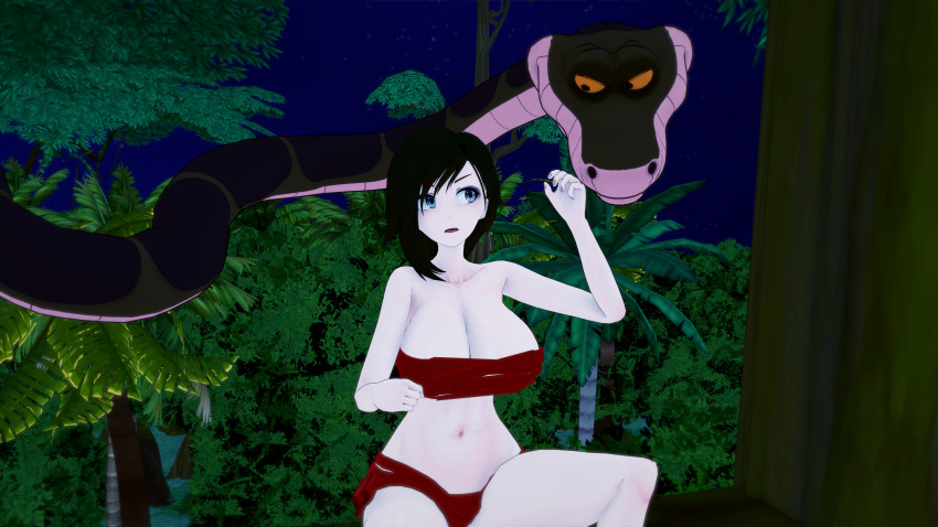 3d angry ass barefoot bikini black_hair breasts cleavage feet grey_eyes huge_ass huge_breasts jungle kaa koikatsu! large_ass lipstick loincloth midriff mrkoiru multiple_girls outdoors pale_skin ruby_rose rwby short_hair snake the_jungle_book wide_hips