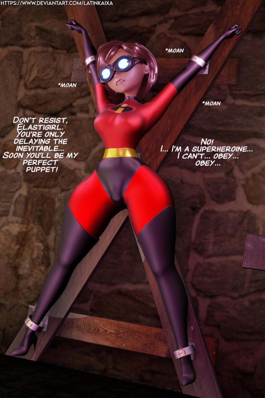 3d brown_hair dialogue disney elastigirl femsub goggles helen_parr large_breasts latinkaixa milf pixar resisting saint_andrew's_cross short_hair text the_incredibles