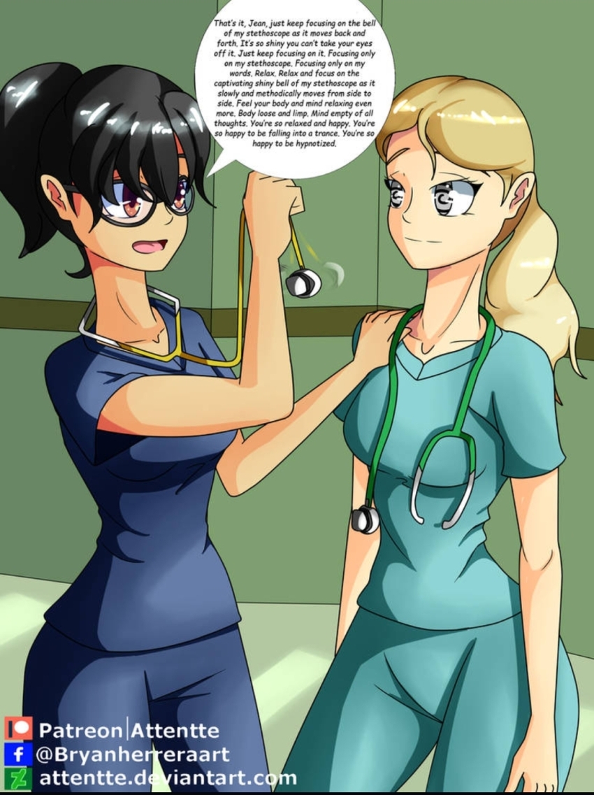 attentte black_hair blonde_hair brown_eyes comic female_only femdom femsub nurse original pendulum ponytail speech_bubble spiral_eyes text