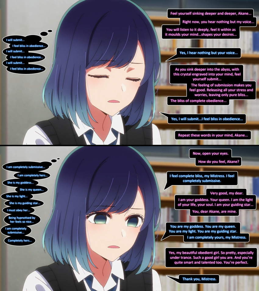 akane_kurokawa aliensdideverything_(manipper) blue_eyes blue_hair closed_eyes dialogue empty_eyes female_only femdom femsub good_sub_conditioning manip open_mouth oshi_no_ko short_hair text thought_bubble