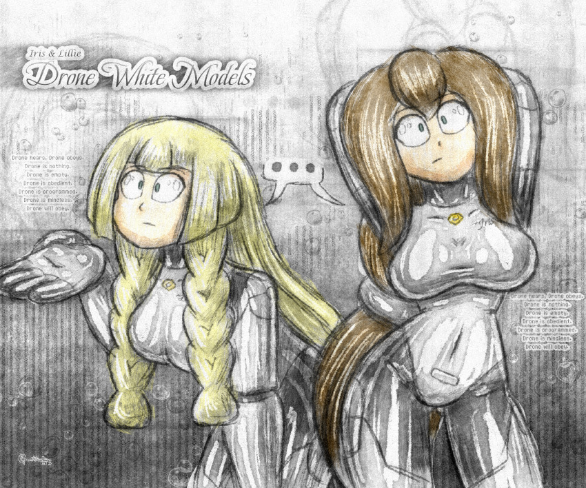 absurdres ameerashourdraws blonde_hair blowing_kiss bodysuit breasts brown_hair capcom drone dronification empty_eyes expressionless fembot femsub green_hair iris_(megaman_x) latex lillie_(pokemon) long_hair looking_at_viewer mantra megaman_(series) megaman_x_(series) nintendo pokemon pokemon_sun_and_moon posing shrunken_irises simple_background sketch text thighs