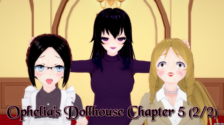 black_hair blonde_hair brown_eyes cover cum cum_on_face english_text eye_roll female_only femdom femsub glasses grey_eyes hand_on_head lila_(ophelia's_dollhouse) long_hair maid multiple_girls multiple_subs ophelia's_dollhouse ophelia_(ophelia's_dollhouse) purple_eyes text tongue tongue_out virginia_westbrook_(ophelia's_dollhouse) zenin1