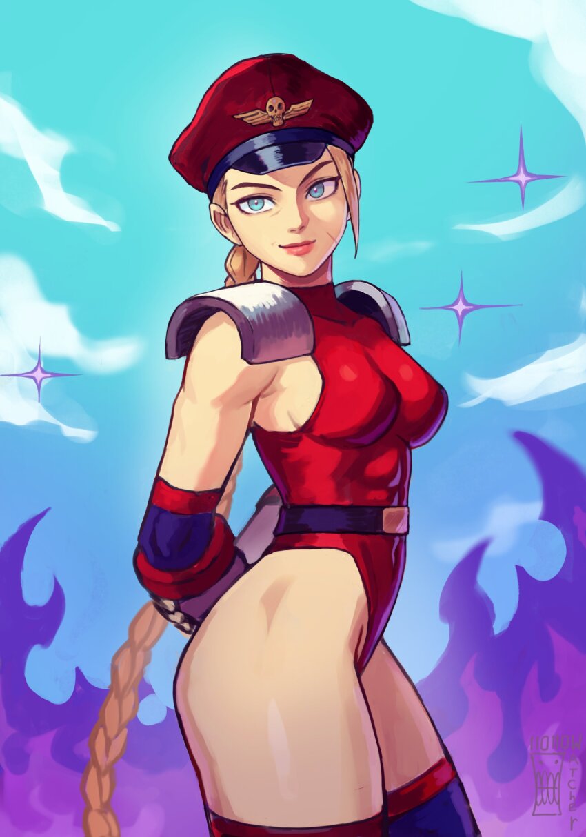 alternate_costume arms_behind_back aura blonde_hair breasts cammy_white capcom corruption cosplay femsub glowing glowing_eyes happy_trance hat hollow_watcher legs long_hair m._bison maledom outdoors possession red_eyes smile smug sparkle street_fighter thighs twintails