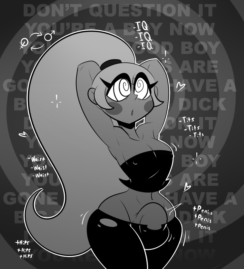 armpits arms_above_head arms_behind_back bare_shoulders blush brain_drain breast_reduction bulge cock_growth english_text female_only femsub futanari futasub gorinvisiblewd greyscale male_only malesub masculinization midriff monochrome navel open_mouth original penis ponytail solo spiral spiral_background spiral_eyes spiralwash_eyes standing subliminal text thick_thighs thighs transformation transgender very_long_hair wide_hips