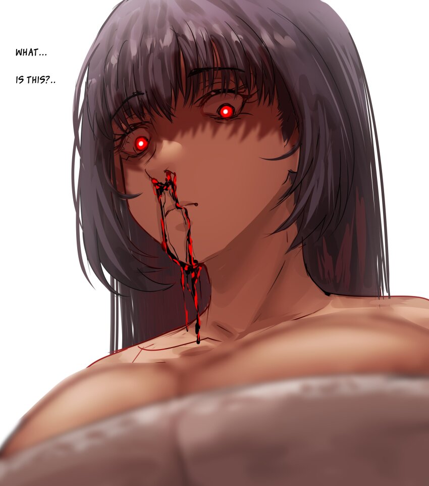 black_hair body_swap dialogue english_text female_only femdom globining large_breasts long_hair nosebleed original possession red_eyes simple_background solo text towel white_background