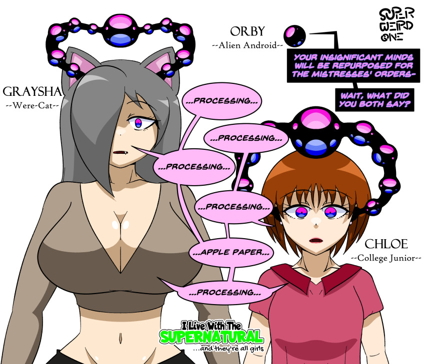altered_common_sense bangs brain_injection brown_hair cat_ears cat_girl chloe_(super_weird_one) cleavage empty_eyes expressionless femsub graysha_(super_weird_one) grey_hair huge_breasts large_breasts looking_at_viewer midriff mind_hack multiple_girls multiple_subs navel open_mouth orby_(superweirdman) original pink_eyes robot shortstack signature size_difference small_breasts standing standing_at_attention super_weird_one superweirdman tech_control text white_background white_skin