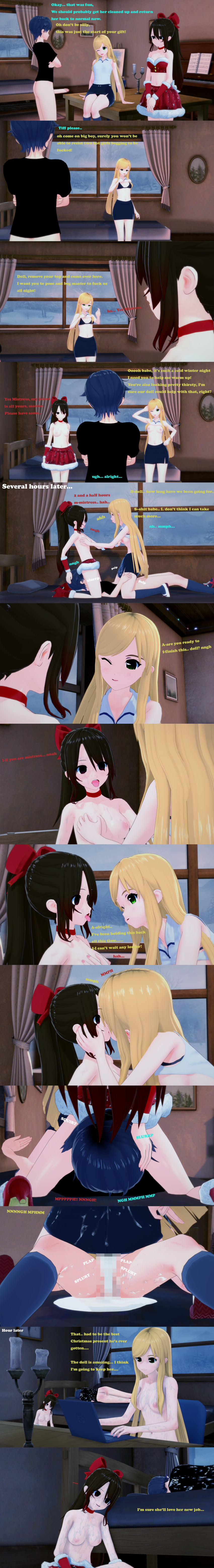 absurdres black_eyes black_hair blonde_hair blue_hair bra breasts censored choker clothed cum cum_in_pussy cum_on_face cunnilingus dialogue empty_eyes english_text femdom femsub green_eyes hypnowoof kissing long_hair maledom multiple_girls night nipples no_eyes nude one_eye_open orgasm original penis ponytail santa_costume sex short_hair sleeping smile text underwear vaginal