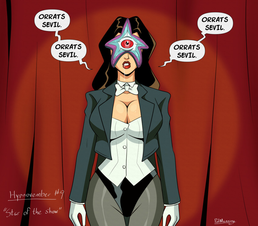black_hair cleavage dc_comics dialogue drool female_only femsub hypnovember leotard long_hair mantra polmanning red_lipstick speech_bubble stage stage_hypnosis standing standing_at_attention starro suit super_hero text zatanna_zatara