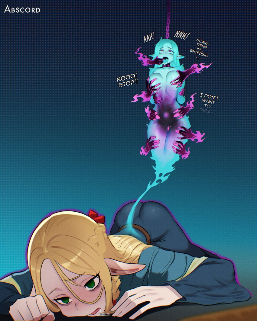 abscord blonde_hair chains collar corruption delicious_in_dungeon drool elf elf_ears empty_eyes female_only femsub green_eyes long_hair marcille_donato pink_eyes soul_removal text tongue tongue_out