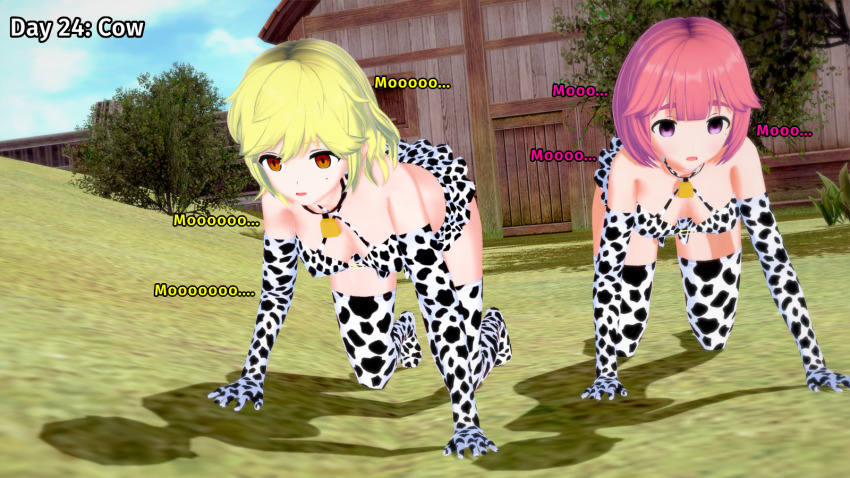 3d bell_collar blonde_hair bra cow_print drool empty_eyes english_text expressionless gloves hypnovember julie_(liz_b) koikatsu! latina liz_(liz_b) liz_b orange_eyes original pet_play pink_eyes pink_hair skirt text