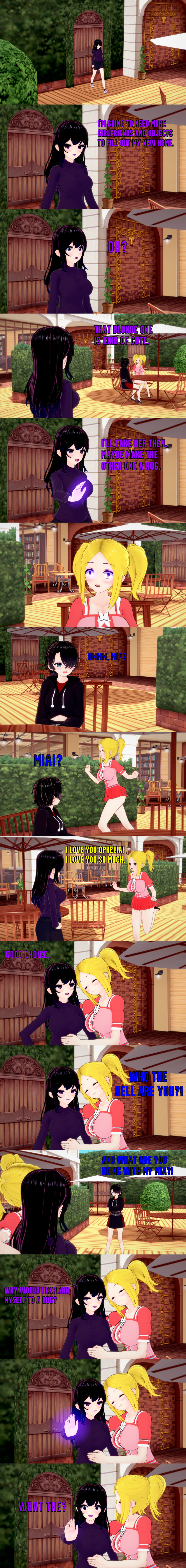 absurdres angry black_hair blonde_hair blue_eyes brown_eyes clothed confused dialogue english_text female_only femdom femsub hair_covering_one_eye kurai_(witch) long_hair mad_jacks mia_(witch) multiple_girls ophelia's_dollhouse ophelia_(ophelia's_dollhouse) purple_eyes short_hair text witch_(mad_jacks)