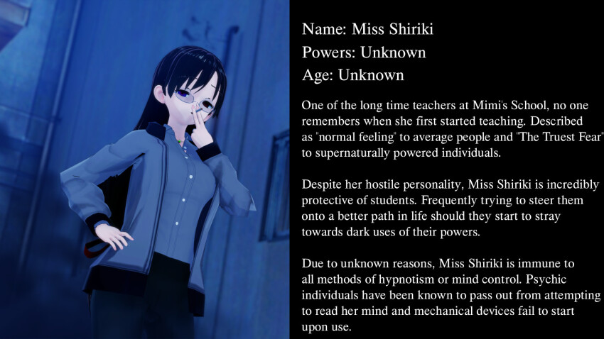 aware black_hair blue_eyes brown_eyes character_profile cigarette clothed cyanstargazer english_text female_only glasses heterochromia long_hair miss_shiriki_(cyanstargazer) original smoking solo text