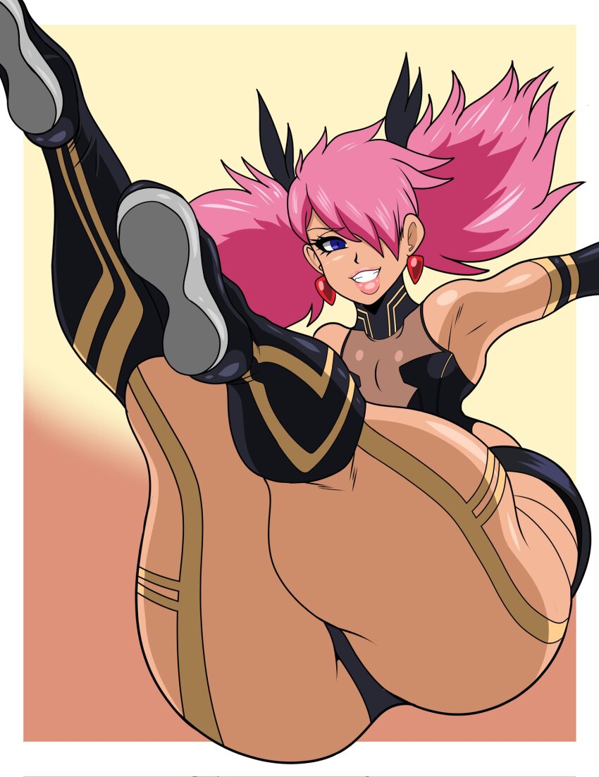 alternate_color_scheme alternate_costume alternate_hairstyle antenna_(biology) bare_shoulders bee_girl blue_eyes body_markings breasts clothed corruption earrings evil_smile eye_color_change female_only femdom femsub floating hair_covering_one_eye jewelry kazuho_haneyama kuin_hachisuka large_ass my_hero_academia my_hero_academia:_vigilantes pink_hair possession shingatti smile spoilers tan_skin thick_thighs thigh_focus thighs