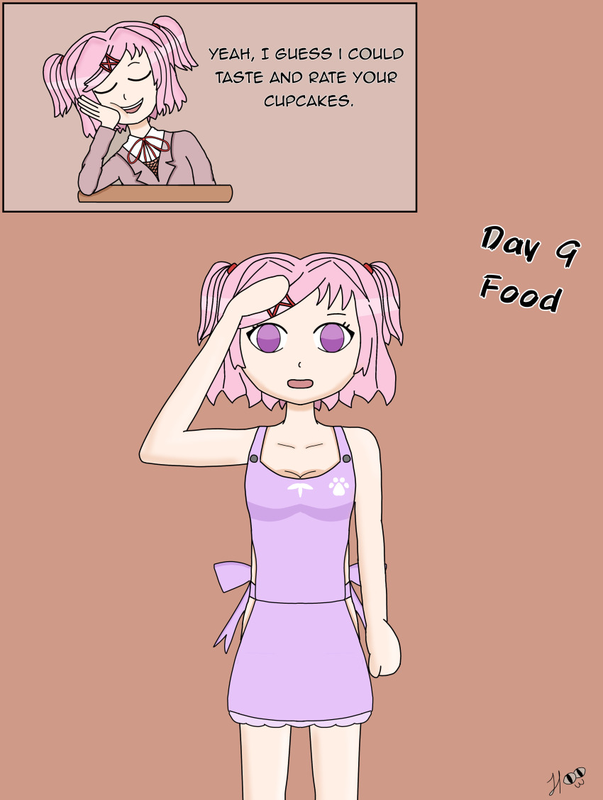 apron doki_doki_literature_club empty_eyes hypnovember natsuki_(doki_doki_literature_club) pink_hair saluting text the_new_o-girl