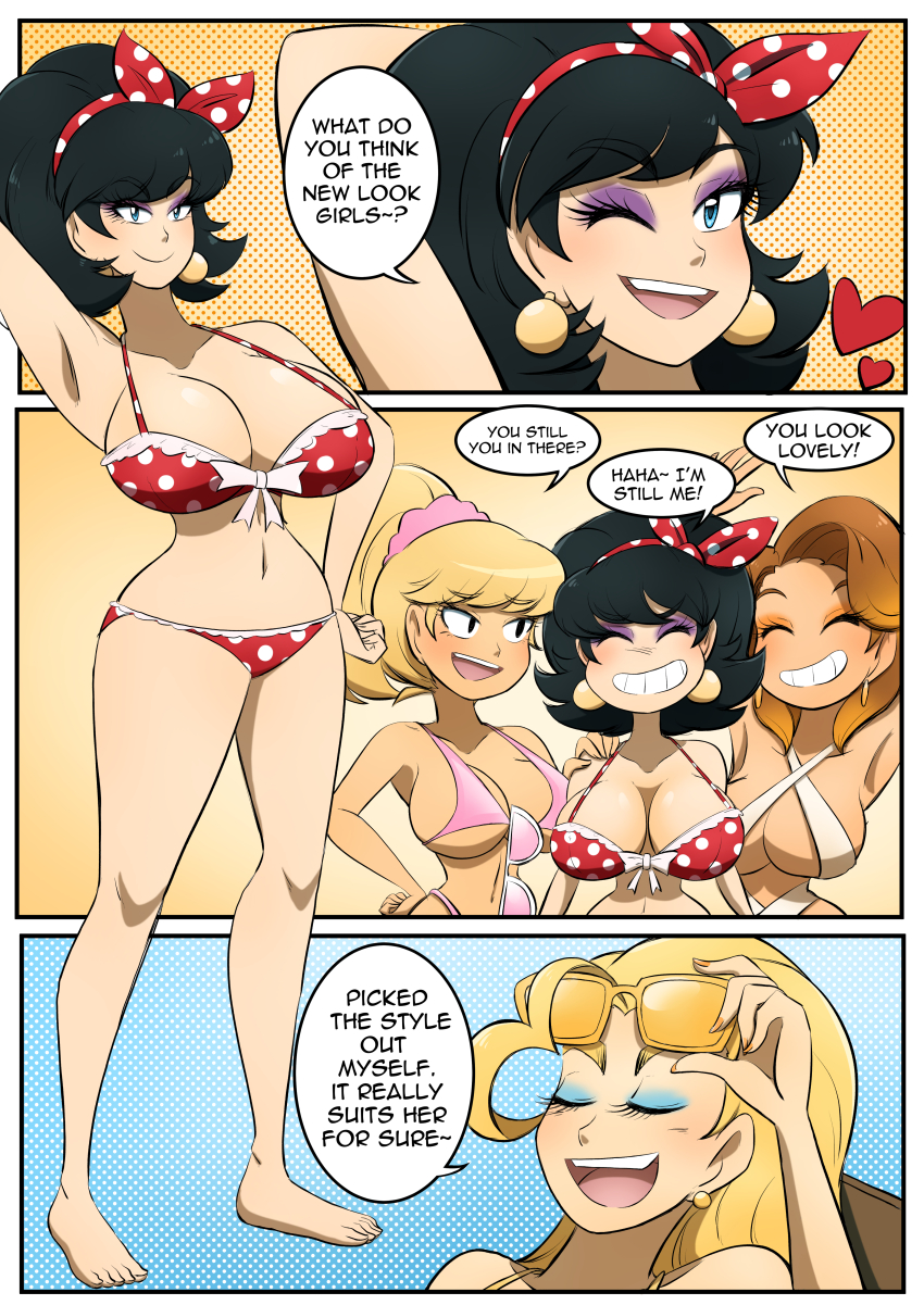 bikini black_hair blonde_hair brown_hair comic female_only kobi94 large_breasts long_hair original ponytail sunglasses text