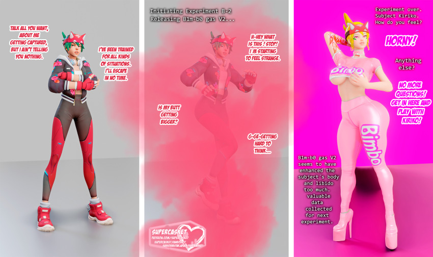 3d ass ass_expansion before_and_after bimbofication blonde_hair brain_drain breast_expansion breasts green_hair kiriko_(overwatch) overwatch prostitution supercasket transformation