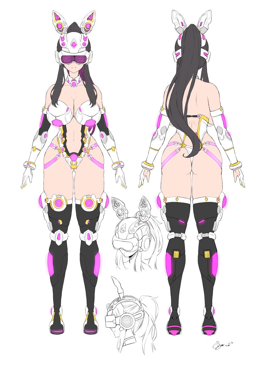 absurdres alternate_hairstyle ass black_hair bunny_ears cigarcat fake_animal_ears female_only femsub helmet large_breasts multiple_views navel ponytail signature sketch solo spiral_eyes spy_x_family tech_control thighhighs very_long_hair visor yor_briar