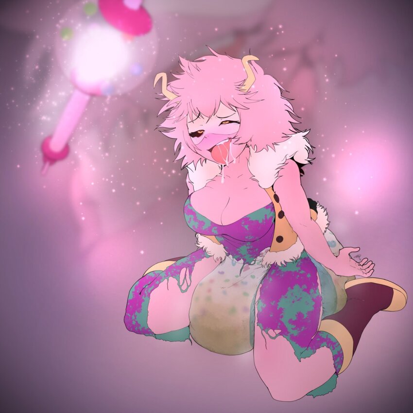 age_regression boots breasts costume diaper drool genn glowing happy_trance horns large_breasts mask mina_ashido my_hero_academia pink_skin rattle scat thighs tongue tongue_out torn_clothes