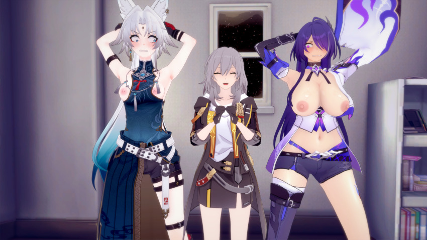 acheron_(honkai_star_rail) angry animal_ears arms_above_head aware blue_eyes body_control breasts breasts_outside closed_eyes clothed cover english_text feixiao_(honkai_star_rail) female_only femdom femsub fox_ears fox_girl fox_tail grey_hair hair_covering_one_eye honkai_star_rail long_hair multiple_girls multiple_subs nipples pink_eyes purple_hair short_hair stelle_(honkai_star_rail) tail text white_hair zenin1
