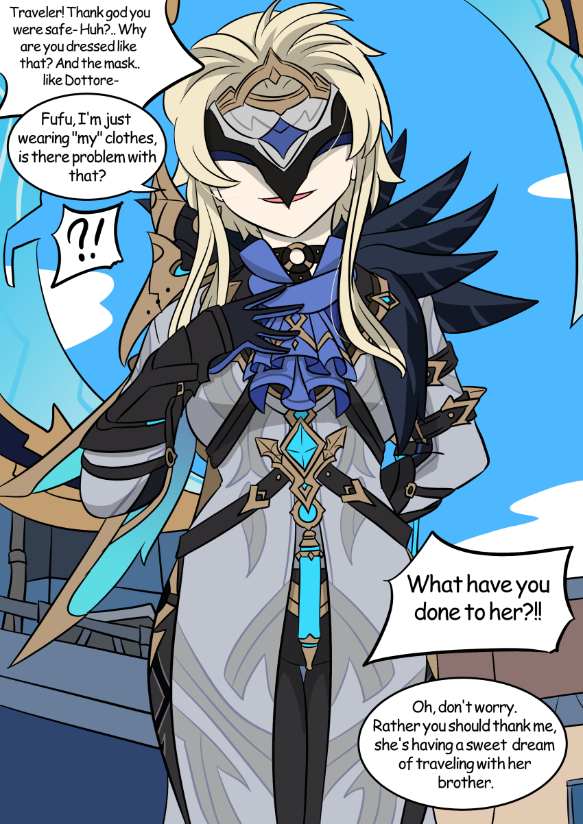 alternate_costume blonde_hair breasts dialogue dottore_(genshin_impact) english_text femsub genshin_impact gloves lumine_(genshin_impact) maledom mask outdoors possession scaramouche_(genshin_impact) speech_bubble surprised text vel wanderer_(genshin_impact)