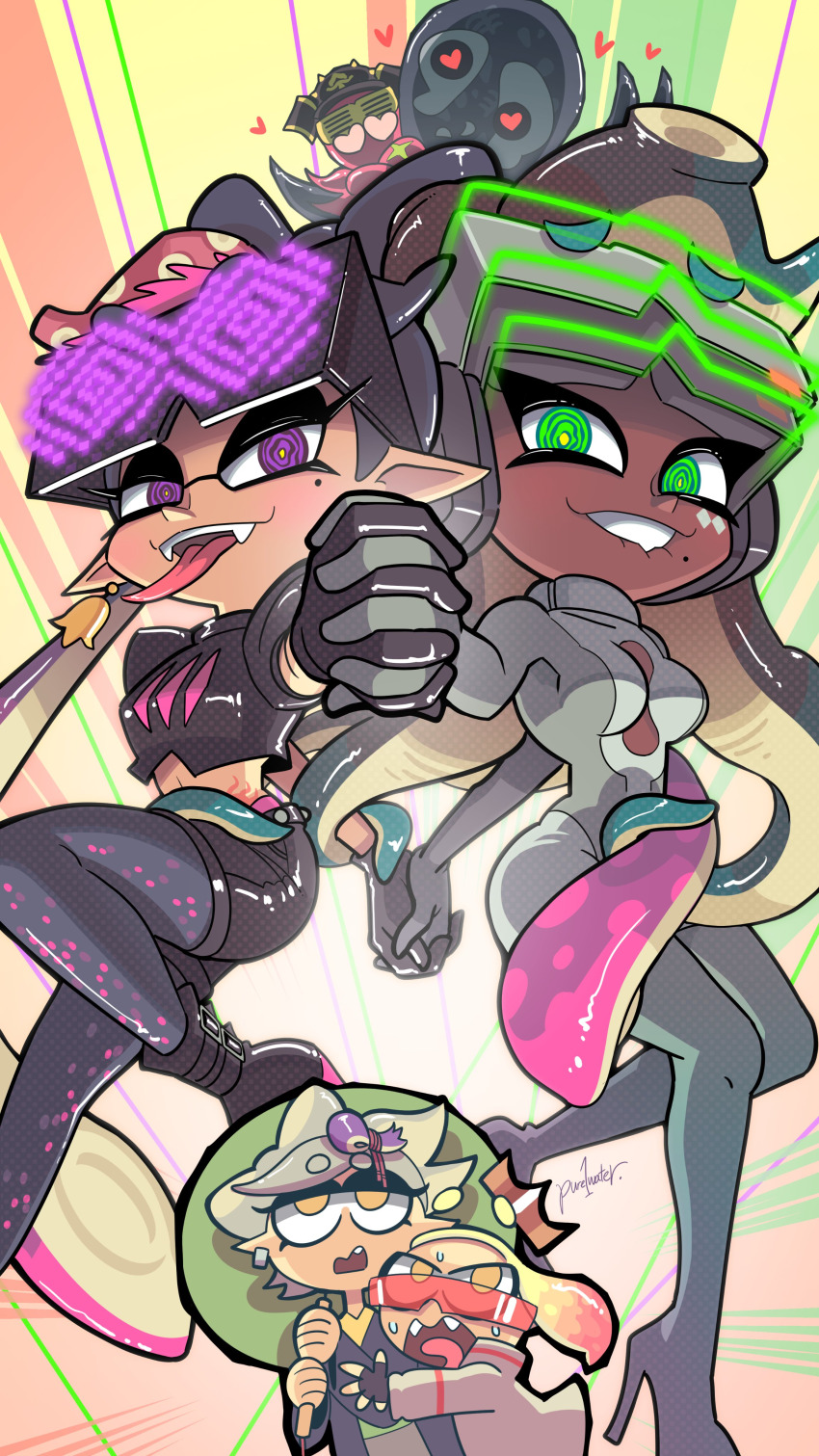 black_hair blonde_hair bodysuit brown_hair callie_(splatoon) coat crown dark_skin dj_octavio earrings elf_ears evil_smile fangs femsub green_eyes green_hair hair_ornament happy_trance heart heart_eyes high_heels holding_hands hypnoshades hypnotic_accessory kimono lip_biting long_hair marie_(splatoon) marina_(splatoon) multicolored_hair nintendo overlorder_(splatoon) pearl_(splatoon) pink_hair pure1water purple_eyes short_hair spiral_eyes splatoon sunglasses sweat tech_control tentacles tongue tongue_out white_hair