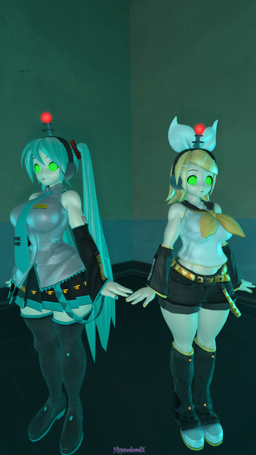 3d blonde_hair blue_hair breasts clothed expressionless female_only fembot femsub glowing glowing_eyes green_eyes headphones hypnolordx long_hair miku_hatsune multiple_girls multiple_subs ribbon rin_kagamine robotization short_hair shorts signature skirt source_filmmaker spiral_eyes spiralwash_eyes standing standing_at_attention symbol_in_eyes tech_control twintails vocaloid